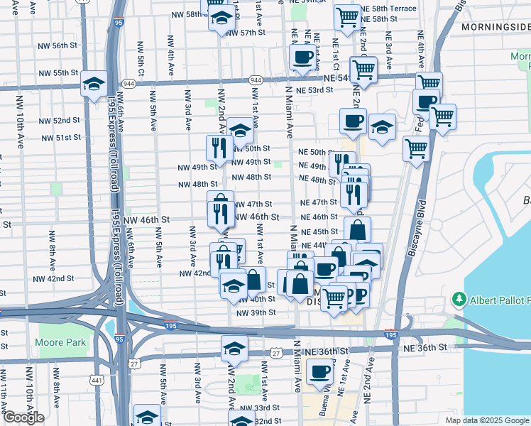 map of restaurants, bars, coffee shops, grocery stores, and more near in Miami