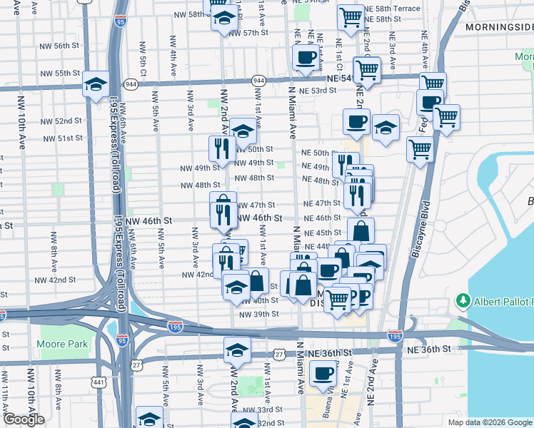 map of restaurants, bars, coffee shops, grocery stores, and more near in Miami