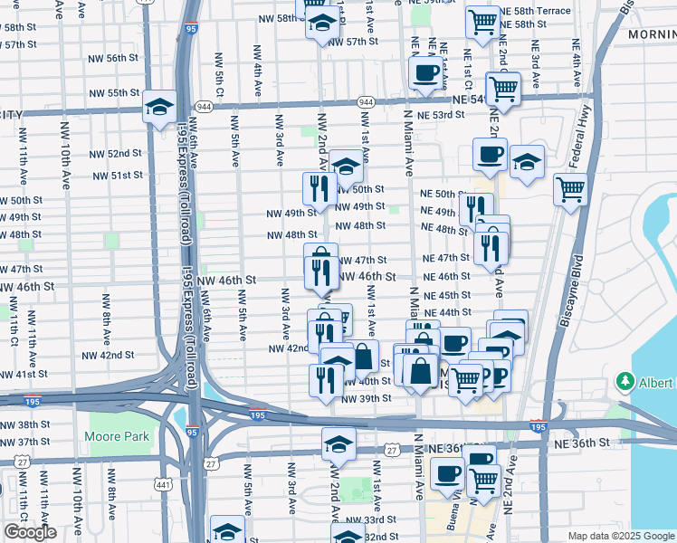 map of restaurants, bars, coffee shops, grocery stores, and more near 165 Northwest 46th Street in Miami