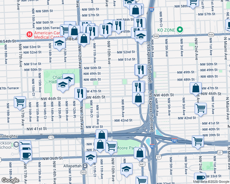 map of restaurants, bars, coffee shops, grocery stores, and more near 910 Northwest 47th Street in Miami