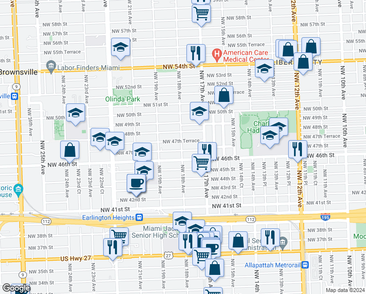 map of restaurants, bars, coffee shops, grocery stores, and more near 1775-1777 Northwest 47th Street in Miami