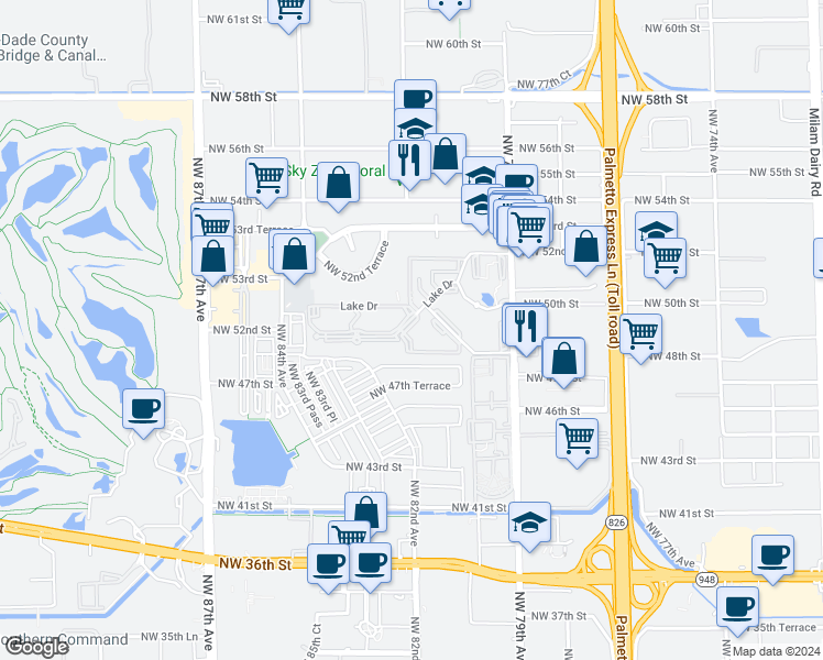 map of restaurants, bars, coffee shops, grocery stores, and more near 8100-8180 Geneva Court in Doral