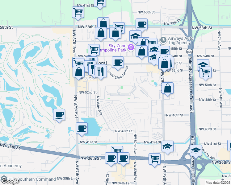 map of restaurants, bars, coffee shops, grocery stores, and more near 8333 Lake Drive in Doral