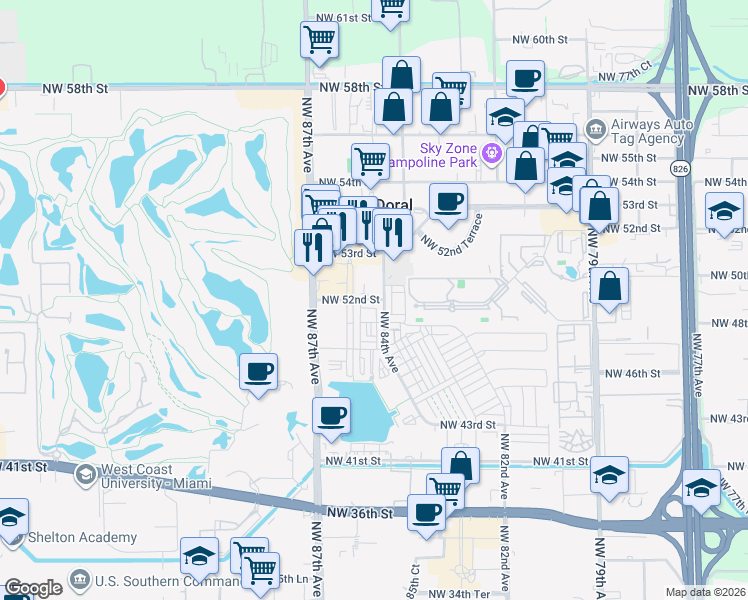 map of restaurants, bars, coffee shops, grocery stores, and more near 8478 Northwest 52nd Street in Doral