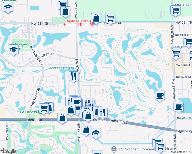 map of restaurants, bars, coffee shops, grocery stores, and more near 4934 Northwest 94th Doral Place in Doral