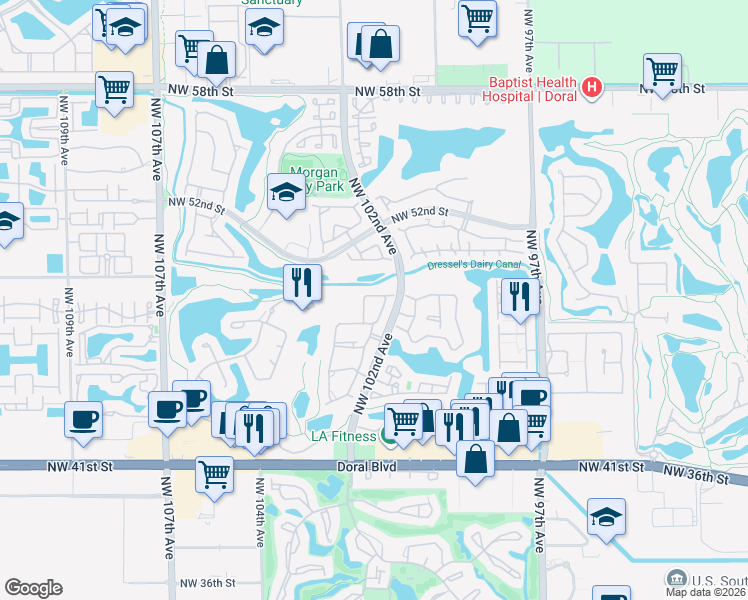map of restaurants, bars, coffee shops, grocery stores, and more near 4970 Northwest 102nd Avenue in Doral