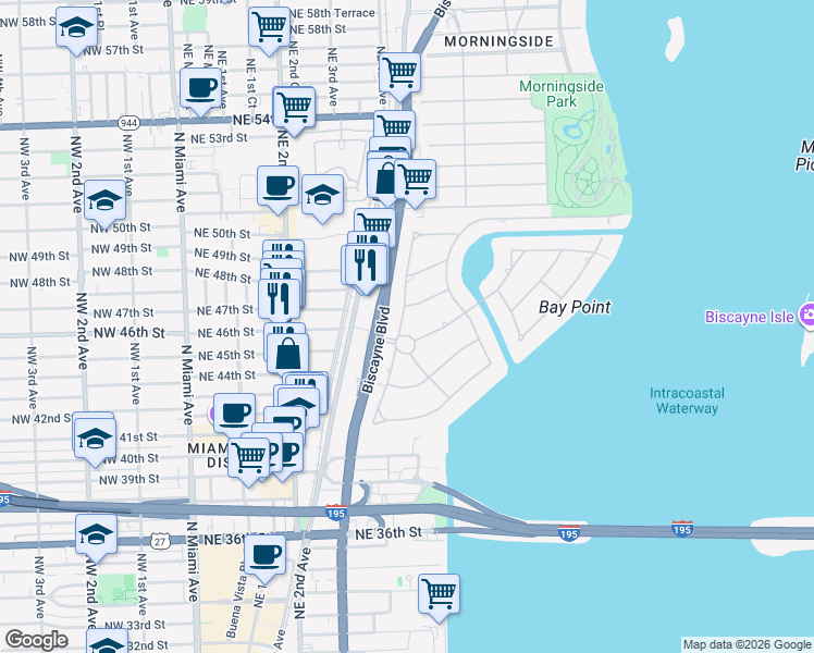 map of restaurants, bars, coffee shops, grocery stores, and more near 555 Gate Lane in Miami