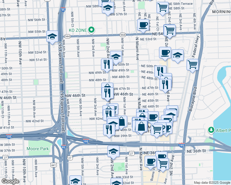 map of restaurants, bars, coffee shops, grocery stores, and more near 165 Northwest 46th Street in Miami