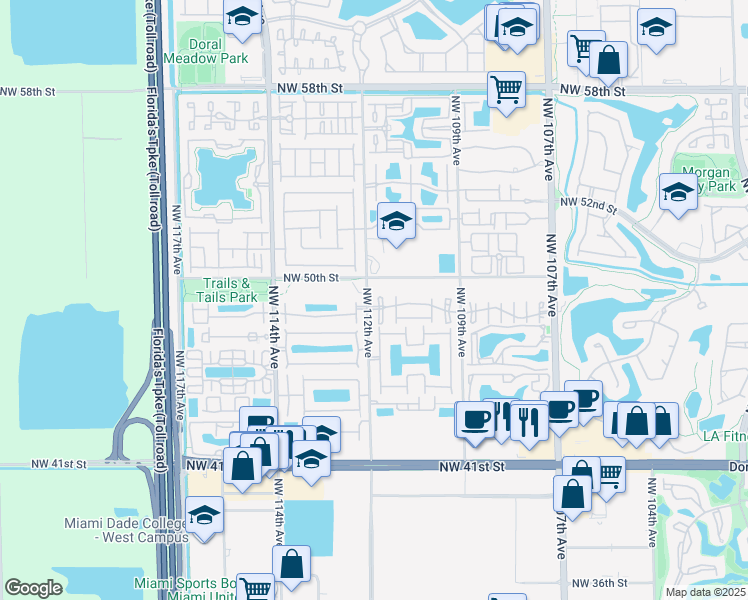 map of restaurants, bars, coffee shops, grocery stores, and more near 4890 Northwest 111th Court in Doral
