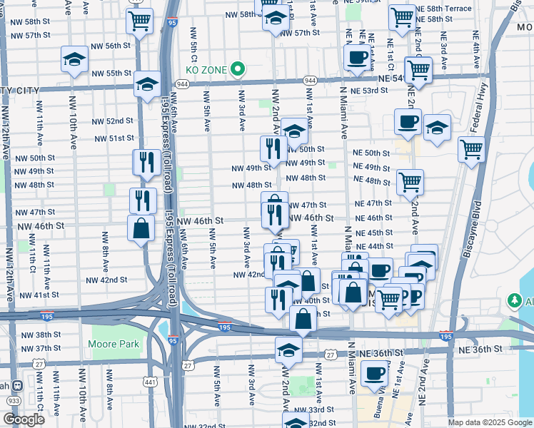 map of restaurants, bars, coffee shops, grocery stores, and more near 235 Northwest 46th Street in Miami