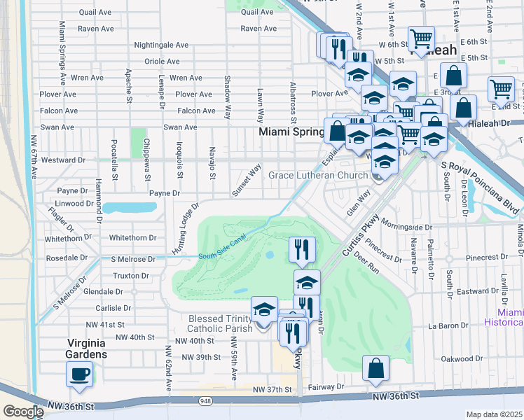 map of restaurants, bars, coffee shops, grocery stores, and more near 150 Hunting Lodge Drive in Miami Springs