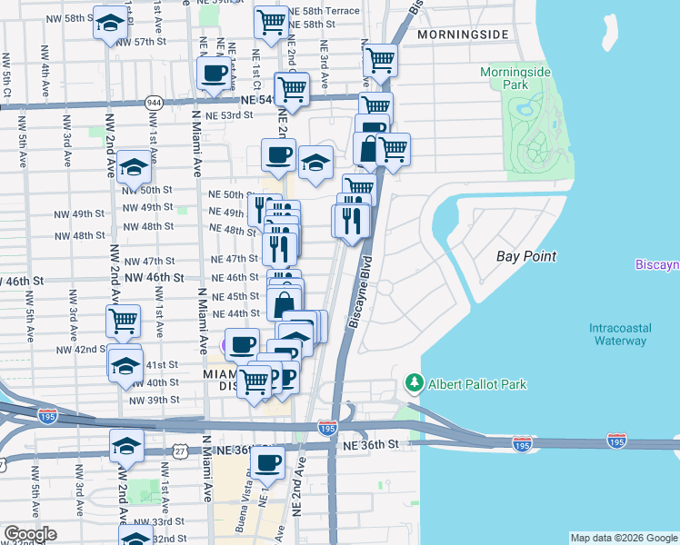 map of restaurants, bars, coffee shops, grocery stores, and more near North Federal Highway in Miami