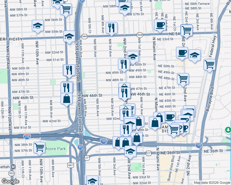 map of restaurants, bars, coffee shops, grocery stores, and more near 4600 Northwest 3rd Avenue in Miami