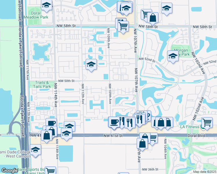 map of restaurants, bars, coffee shops, grocery stores, and more near 4882 Northwest 109th Place in Doral