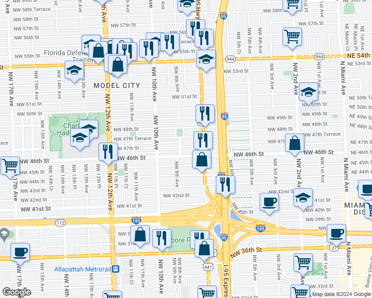 map of restaurants, bars, coffee shops, grocery stores, and more near 780 Northwest 47th Street in Miami