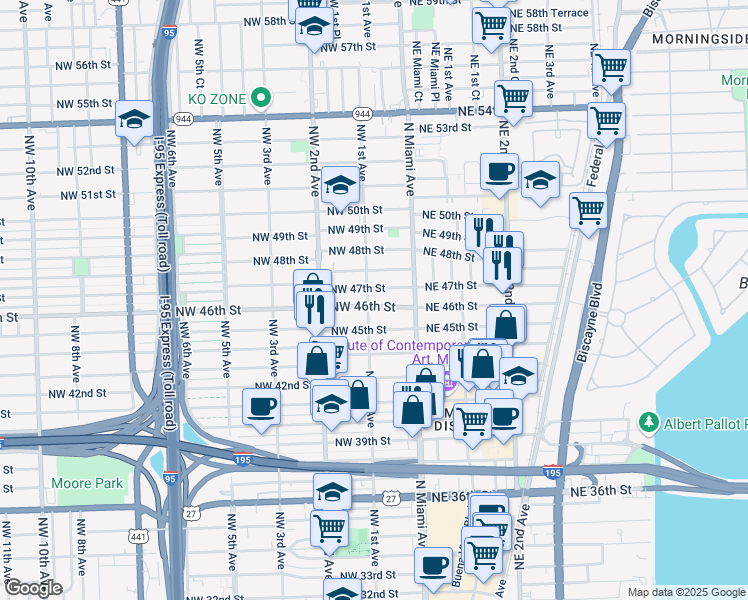 map of restaurants, bars, coffee shops, grocery stores, and more near 91 Northwest 46th Street in Miami