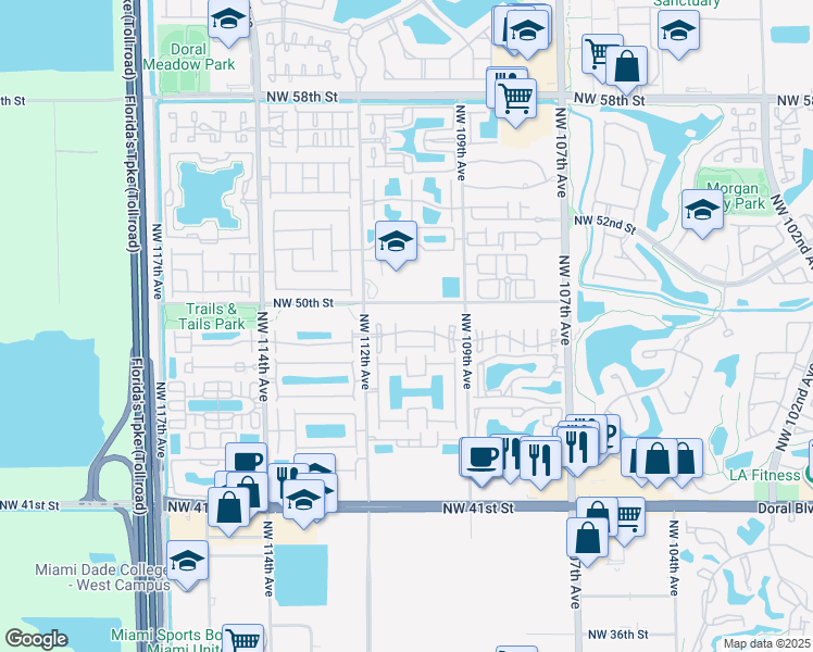 map of restaurants, bars, coffee shops, grocery stores, and more near 11023 Northwest 48th Lane in Doral