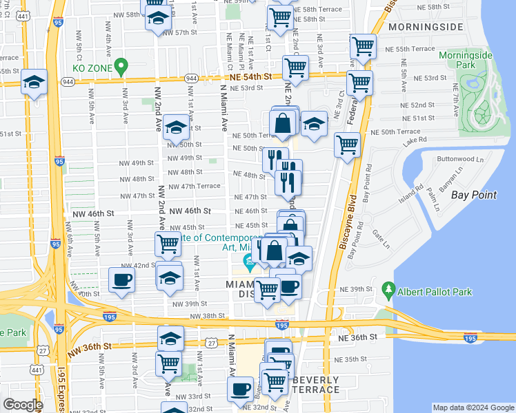 map of restaurants, bars, coffee shops, grocery stores, and more near 55 Northeast 46th Street in Miami