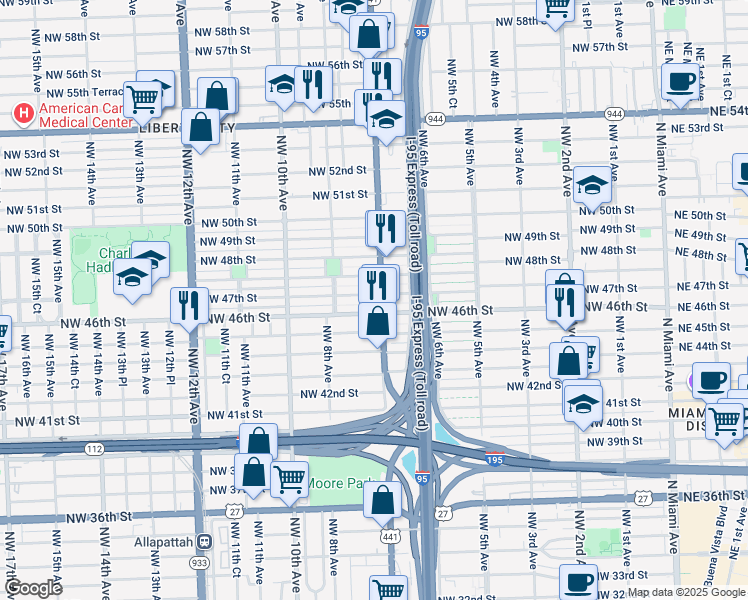 map of restaurants, bars, coffee shops, grocery stores, and more near 4690 Northwest 7th Avenue in Miami