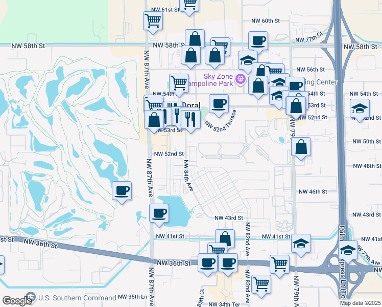 map of restaurants, bars, coffee shops, grocery stores, and more near 5200 Northwest 83rd Court in Doral