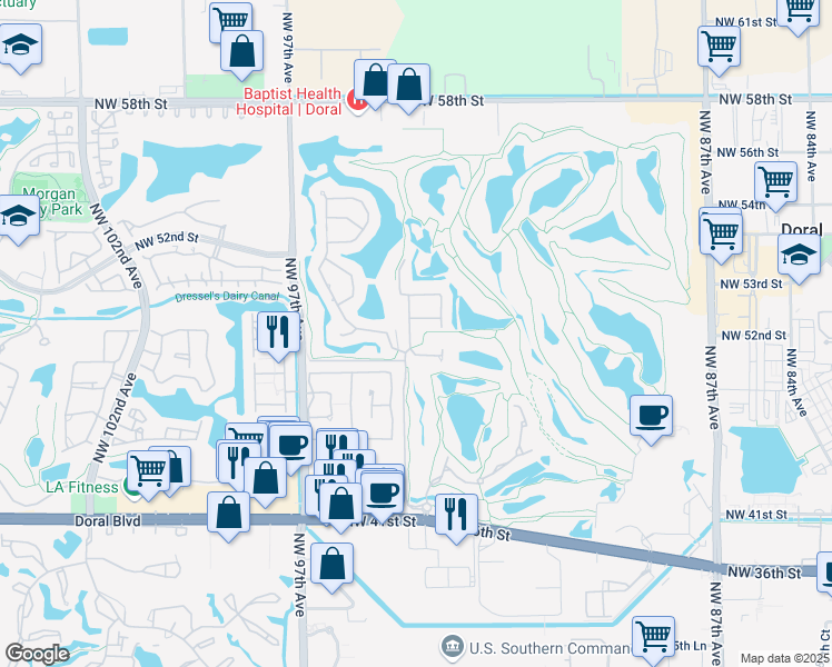 map of restaurants, bars, coffee shops, grocery stores, and more near 4953 Northwest 93rd Doral Place in Doral