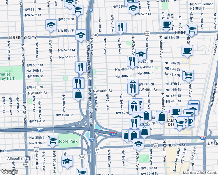 map of restaurants, bars, coffee shops, grocery stores, and more near 4605 Northwest 5 Avenue in Miami