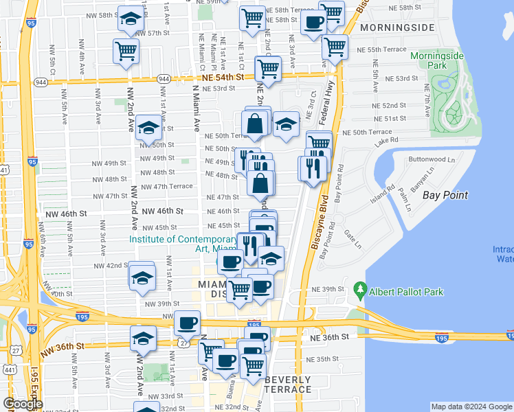 map of restaurants, bars, coffee shops, grocery stores, and more near 201 Northeast 46th Street in Miami