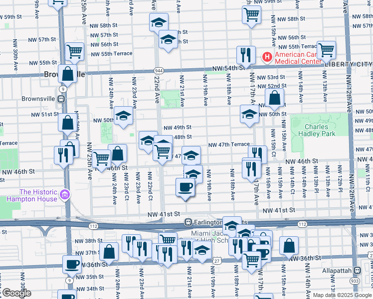 map of restaurants, bars, coffee shops, grocery stores, and more near 4718 Northwest 21st Avenue in Miami