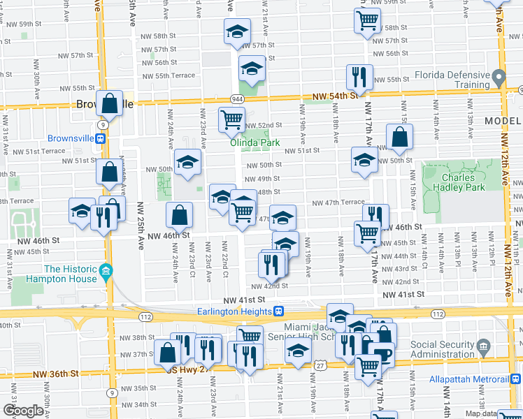 map of restaurants, bars, coffee shops, grocery stores, and more near 4718 Northwest 21st Avenue in Miami