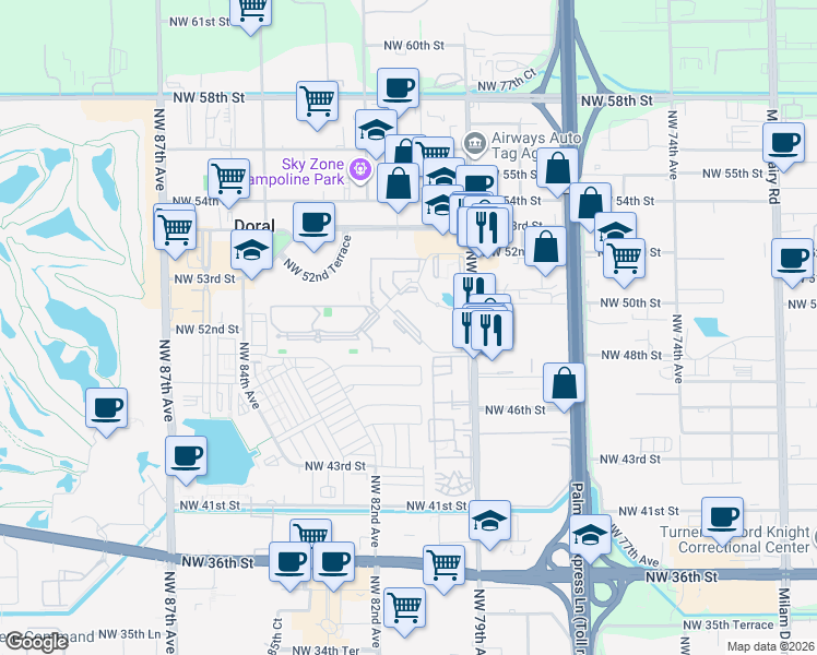map of restaurants, bars, coffee shops, grocery stores, and more near 8100 Geneva Court in Doral