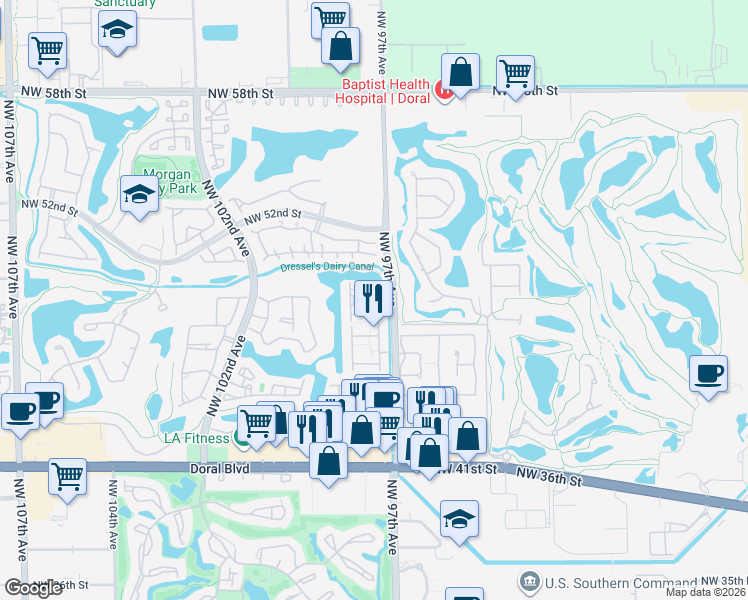 map of restaurants, bars, coffee shops, grocery stores, and more near 4869 Northwest 97th Place in Doral