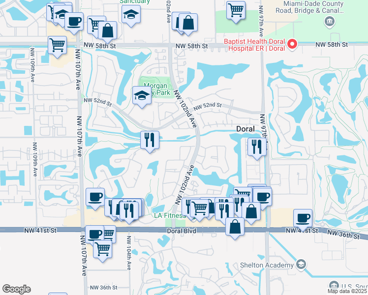 map of restaurants, bars, coffee shops, grocery stores, and more near 4970 Northwest 102nd Avenue in Doral