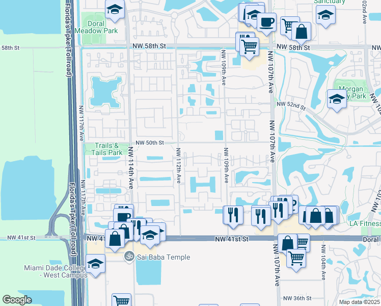 map of restaurants, bars, coffee shops, grocery stores, and more near 11023 Northwest 48th Lane in Doral