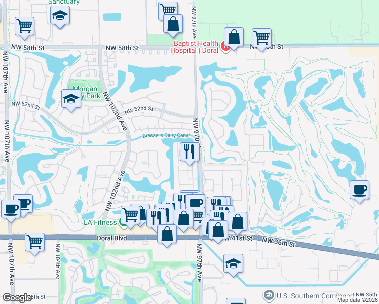 map of restaurants, bars, coffee shops, grocery stores, and more near 4869 Northwest 97th Place in Doral