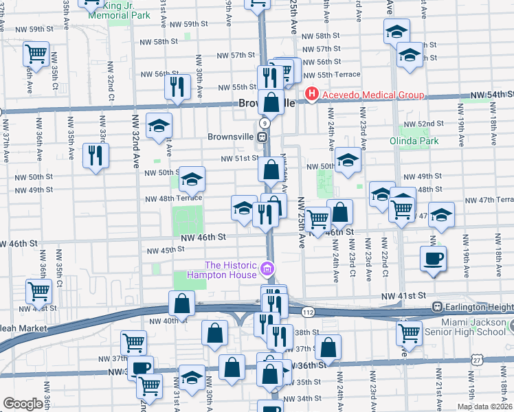 map of restaurants, bars, coffee shops, grocery stores, and more near in Brownsville