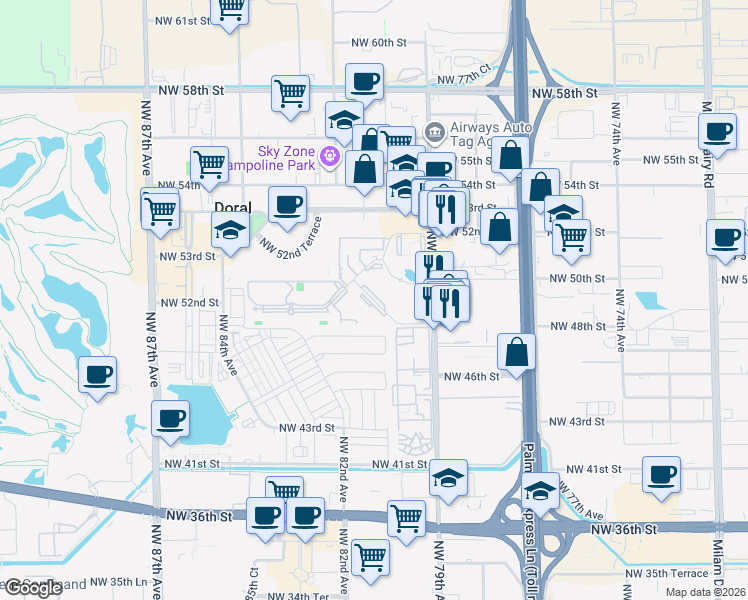 map of restaurants, bars, coffee shops, grocery stores, and more near 8100 Geneva Court in Doral
