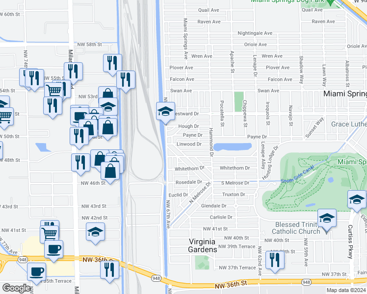 map of restaurants, bars, coffee shops, grocery stores, and more near 368 Linwood Drive in Miami Springs