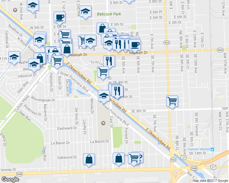 map of restaurants, bars, coffee shops, grocery stores, and more near 422 Southeast 5th Street in Hialeah