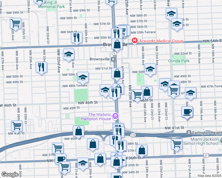 map of restaurants, bars, coffee shops, grocery stores, and more near in Brownsville