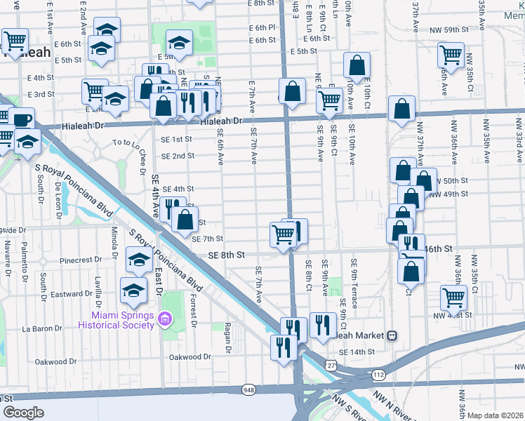 map of restaurants, bars, coffee shops, grocery stores, and more near 721 Southeast 5th Place in Hialeah