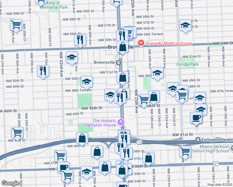 map of restaurants, bars, coffee shops, grocery stores, and more near in Brownsville