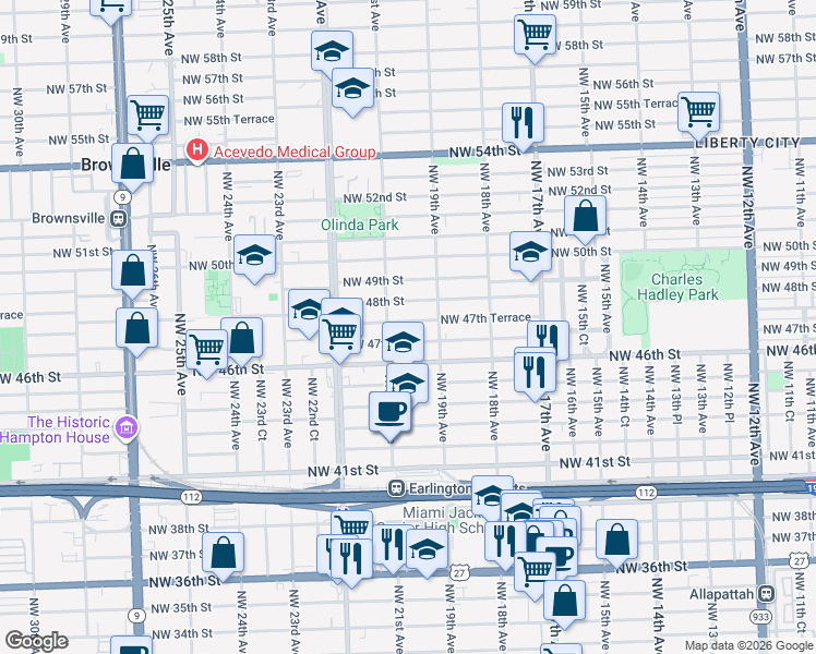 map of restaurants, bars, coffee shops, grocery stores, and more near 1923 Northwest 47th Street in Miami