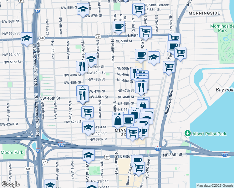 map of restaurants, bars, coffee shops, grocery stores, and more near 4615 North Miami Avenue in Miami