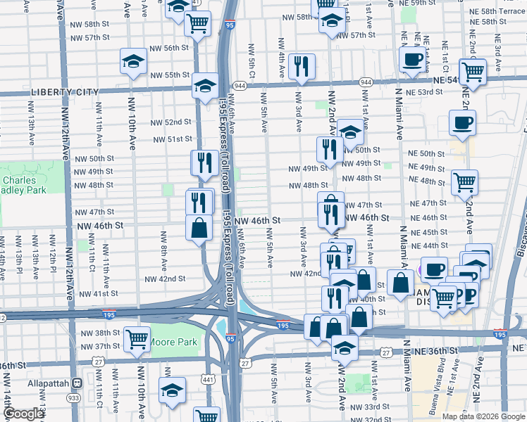 map of restaurants, bars, coffee shops, grocery stores, and more near 4605 Northwest 5 Avenue in Miami