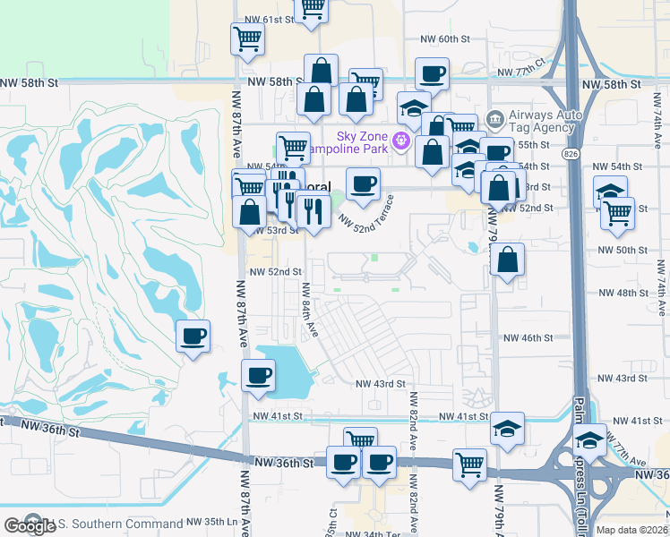 map of restaurants, bars, coffee shops, grocery stores, and more near 8333 Lake Drive in Doral