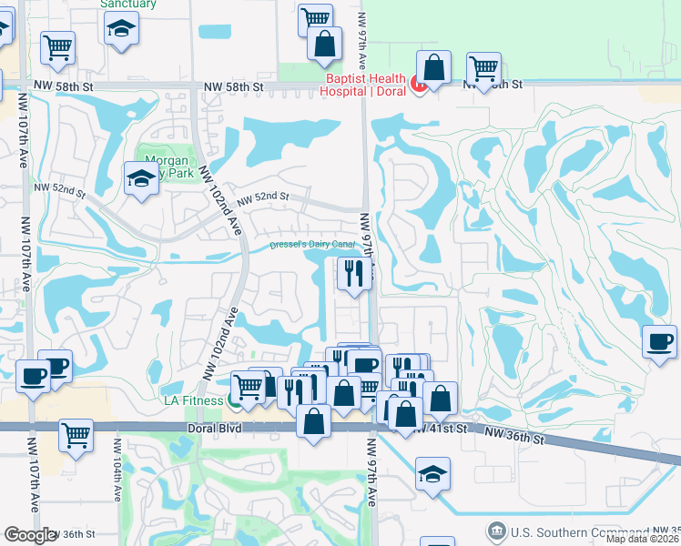 map of restaurants, bars, coffee shops, grocery stores, and more near 4869 Northwest 97th Place in Doral