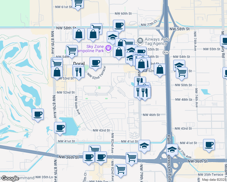 map of restaurants, bars, coffee shops, grocery stores, and more near 8160 Geneva Court in Doral