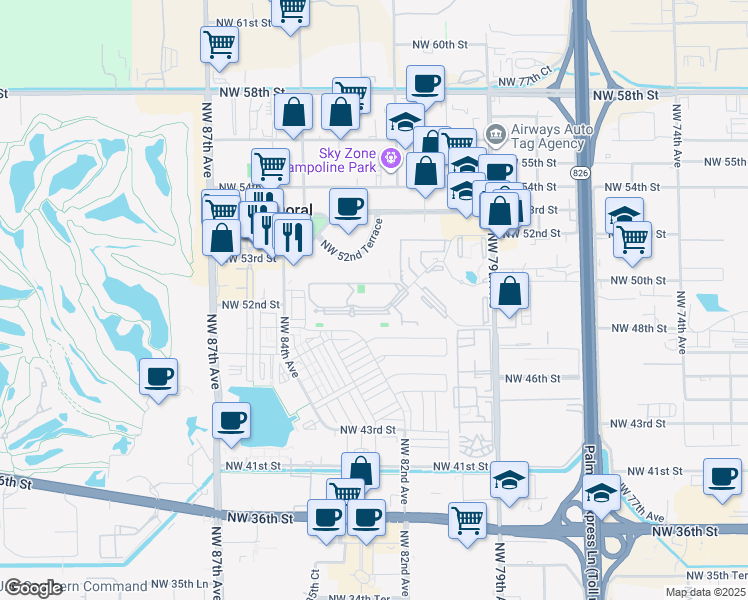 map of restaurants, bars, coffee shops, grocery stores, and more near 8215 Lake Drive in Doral