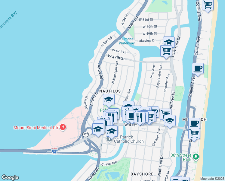 map of restaurants, bars, coffee shops, grocery stores, and more near 4425 North Michigan Avenue in Miami Beach