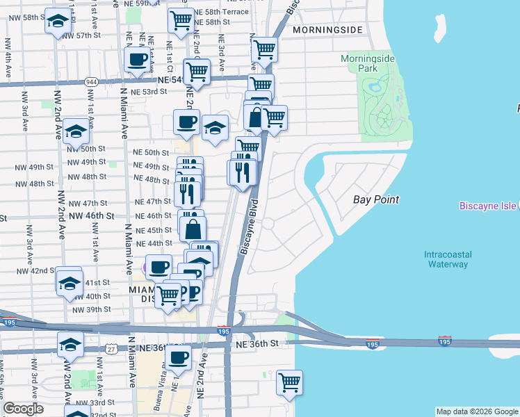 map of restaurants, bars, coffee shops, grocery stores, and more near 555 Gate Lane in Miami